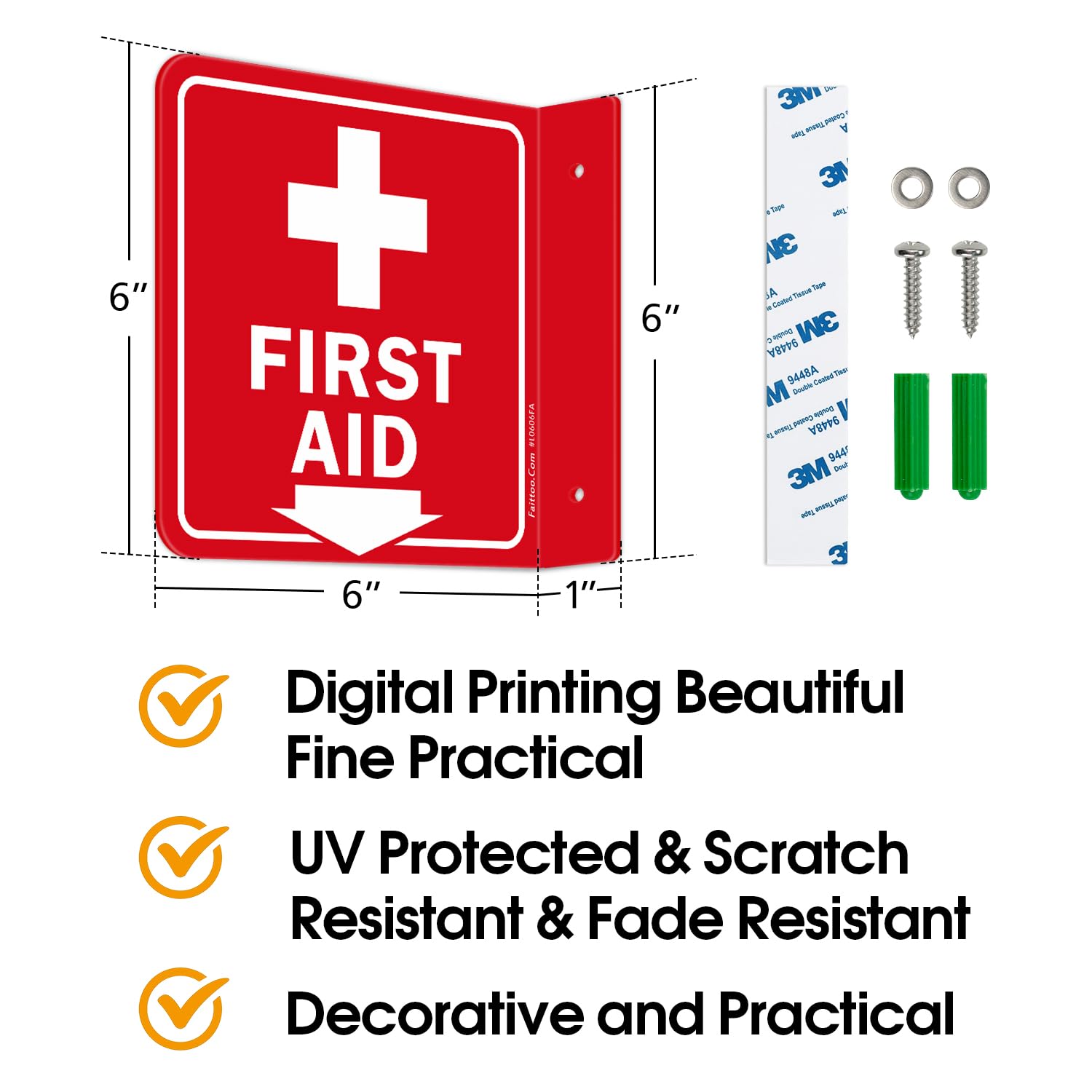Faittoo First Aid Sign, 2 Pack First Aid with Cross Symbol - 6 x 6 Inches Acrylic Plastic, 2 Pre-Drilled Holes, Includes Matching Screws, Use for Home Office/Business