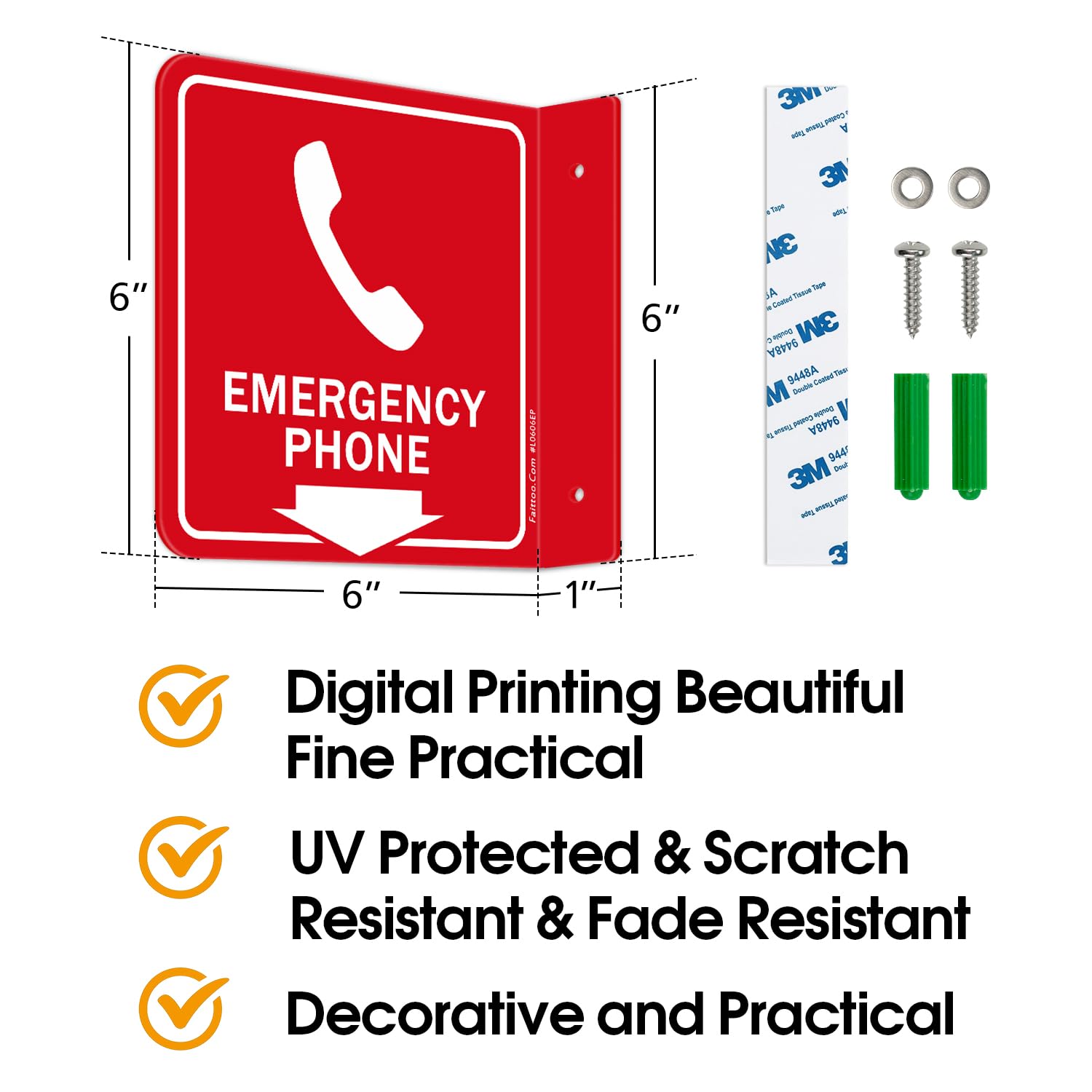 Faittoo Emergency Phone Sign, 2 Pack Emergency Phone with Down Arrow - 6 x 6 Inches Acrylic Plastic, 2 Pre-Drilled Holes, Includes Matching Screws, Use for Home Office/Business