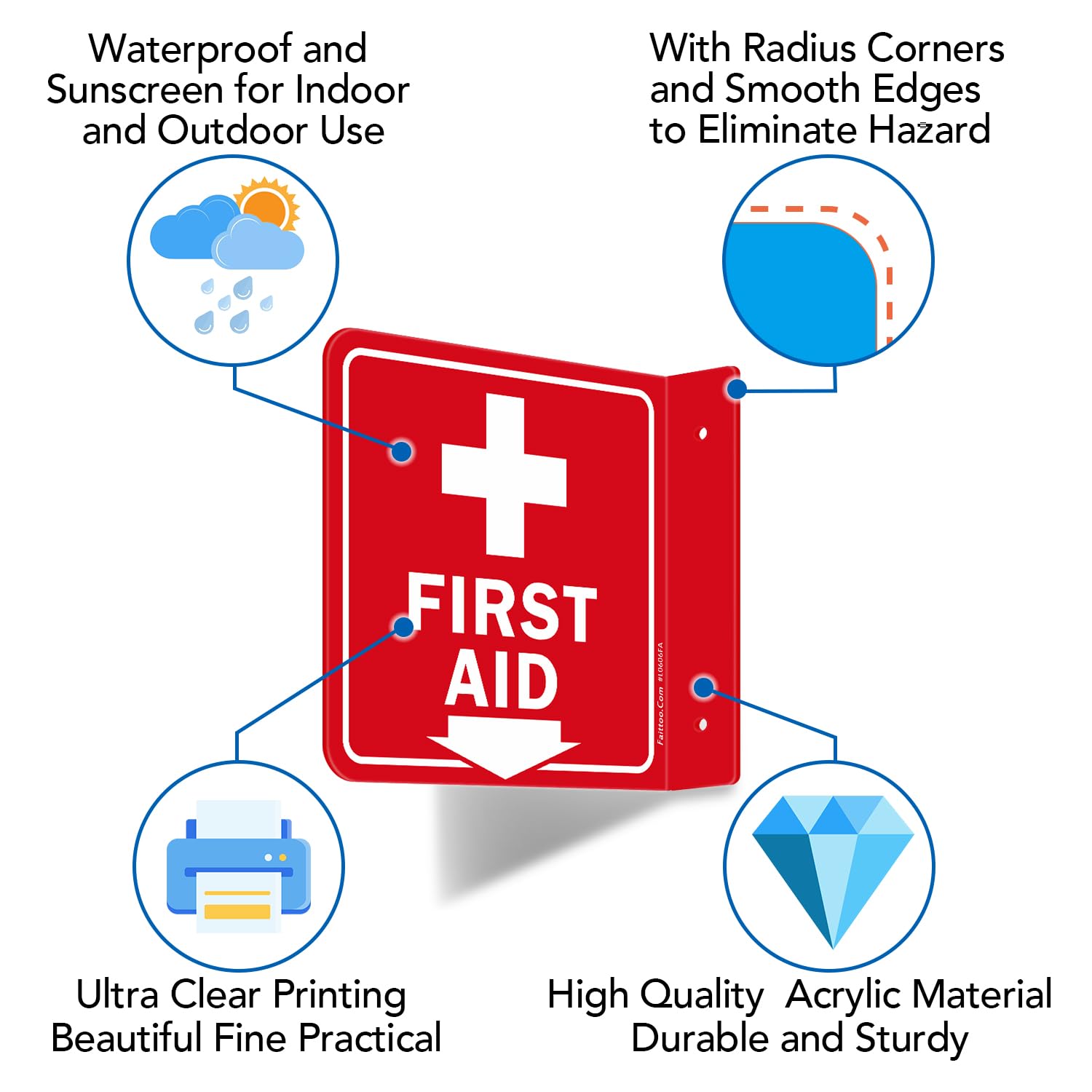Faittoo First Aid Sign, 2 Pack First Aid with Cross Symbol - 6 x 6 Inches Acrylic Plastic, 2 Pre-Drilled Holes, Includes Matching Screws, Use for Home Office/Business