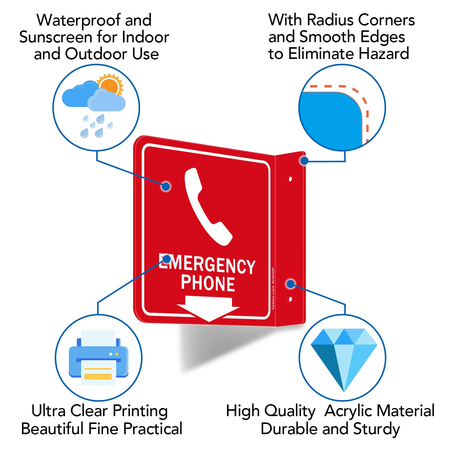 Faittoo Emergency Phone Sign, 2 Pack Emergency Phone with Down Arrow - 6 x 6 Inches Acrylic Plastic, 2 Pre-Drilled Holes, Includes Matching Screws, Use for Home Office/Business