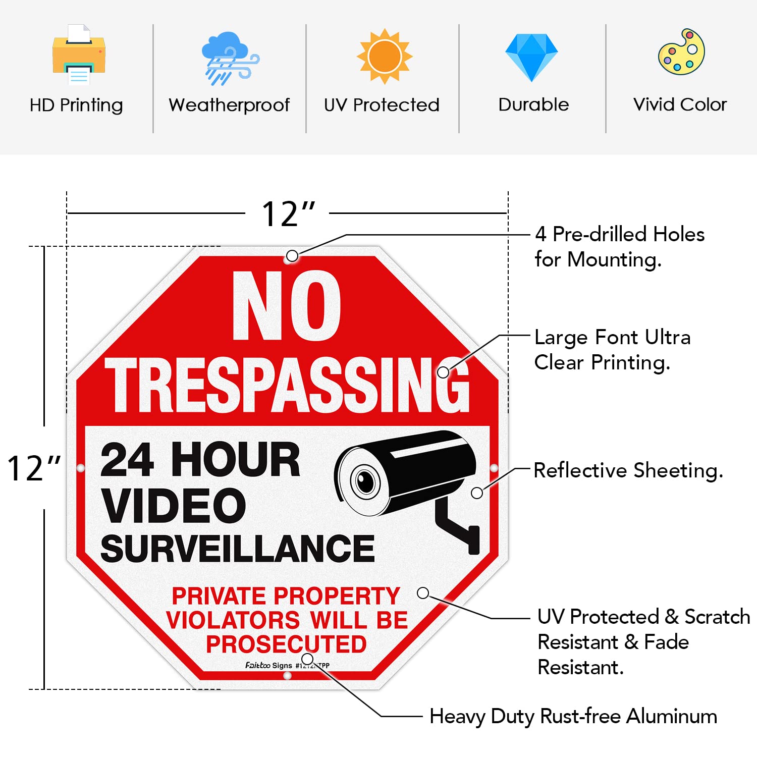 2-Pack No Trespassing Private Property Protected By Video Surveillance Violators Will Be Prosecuted Sign and 2-Pack Private Drive No Turn Around Sign