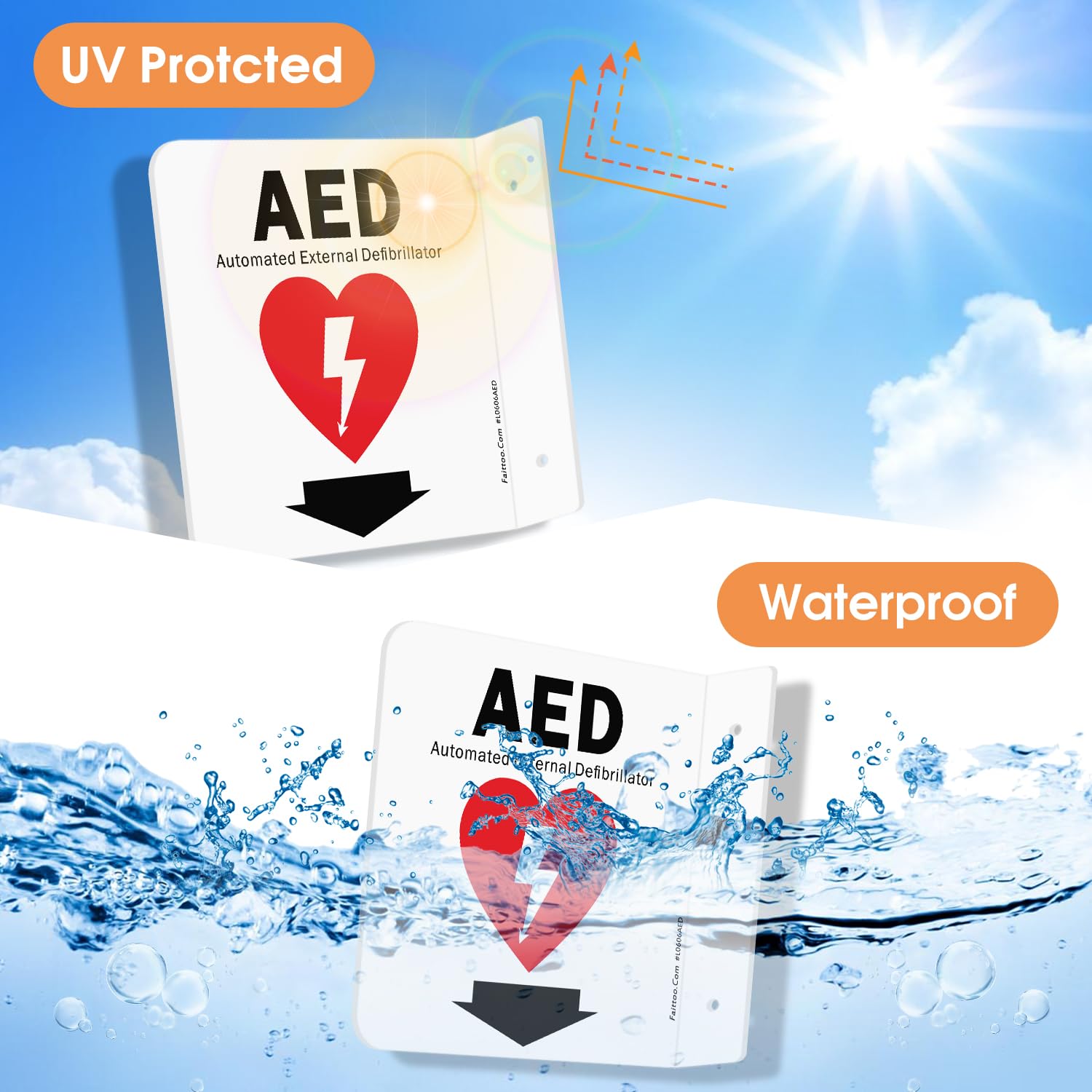 Faittoo AED Sign, AED Automated External Defibrillator with Down Arrow Sign, 6x6 Inches 90D Projection - Acrylic, 2 Pre-Drilled Holes, Includes Matching Screws, Use for Home Office/Business, 2 Pack