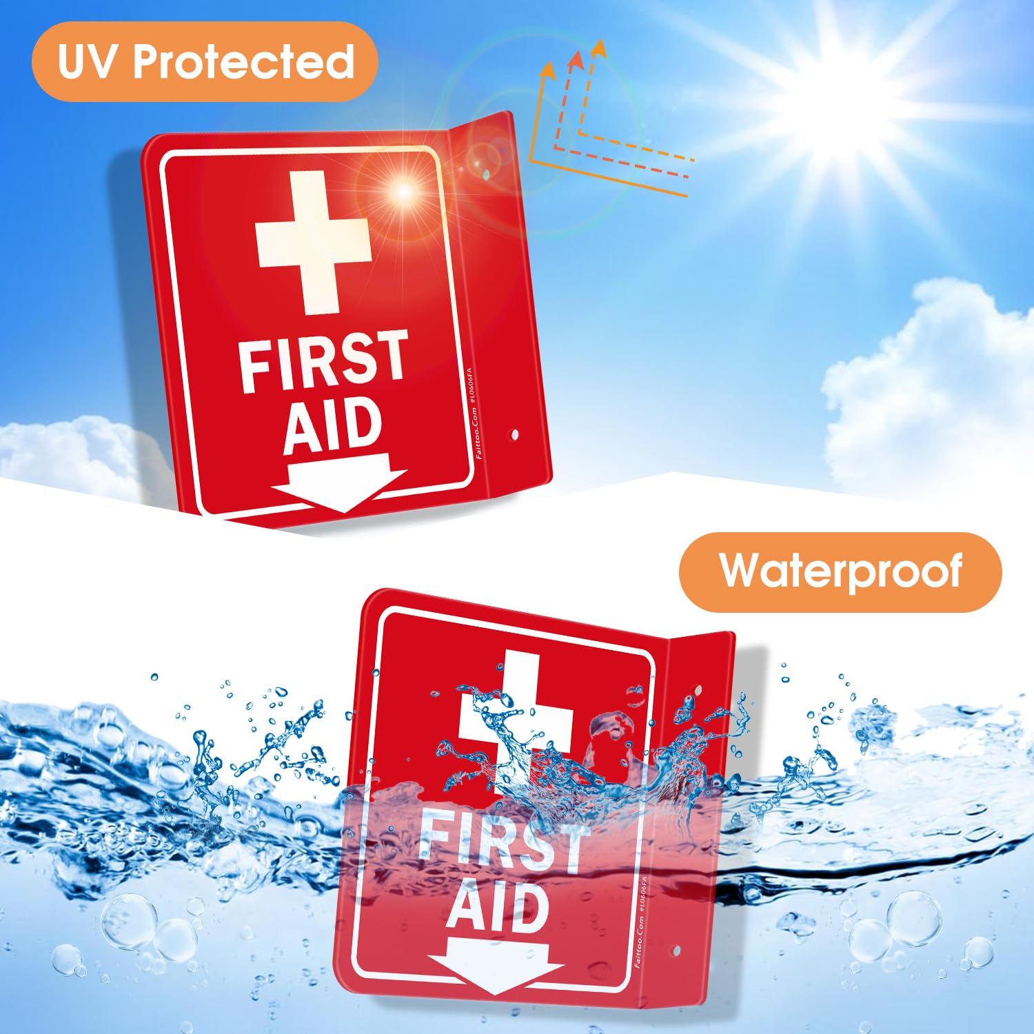 Faittoo First Aid Sign, 2 Pack First Aid with Cross Symbol - 6 x 6 Inches Acrylic Plastic, 2 Pre-Drilled Holes, Includes Matching Screws, Use for Home Office/Business
