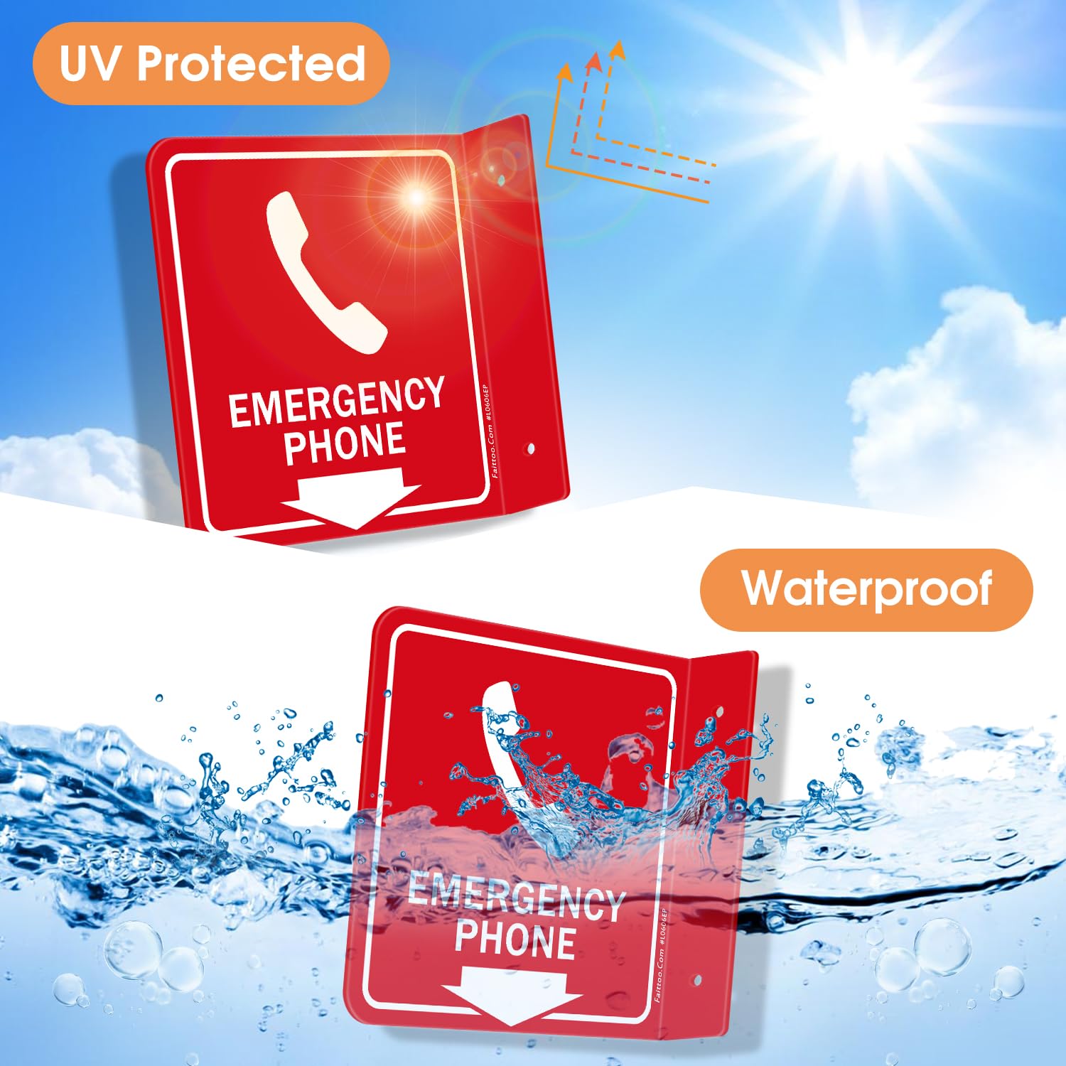 Faittoo Emergency Phone Sign, 2 Pack Emergency Phone with Down Arrow - 6 x 6 Inches Acrylic Plastic, 2 Pre-Drilled Holes, Includes Matching Screws, Use for Home Office/Business