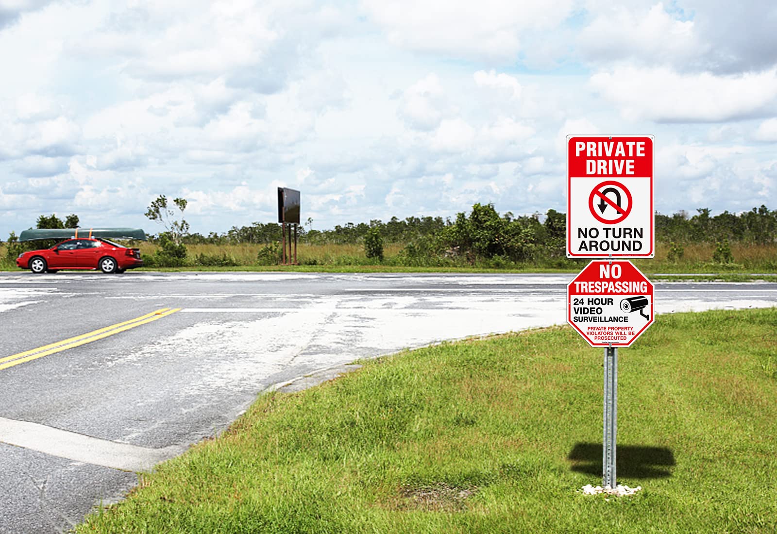 2-Pack No Trespassing Private Property Protected By Video Surveillance Violators Will Be Prosecuted Sign and 2-Pack Private Drive No Turn Around Sign