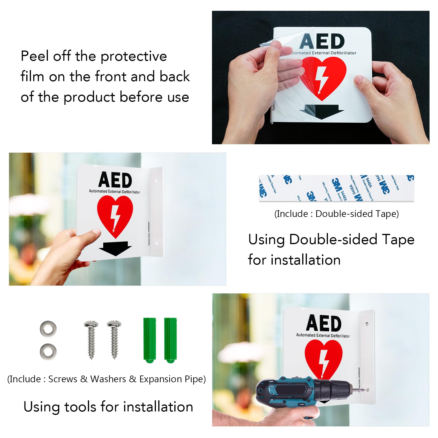 Faittoo AED Sign, AED Automated External Defibrillator with Down Arrow Sign, 6x6 Inches 90D Projection - Acrylic, 2 Pre-Drilled Holes, Includes Matching Screws, Use for Home Office/Business, 2 Pack