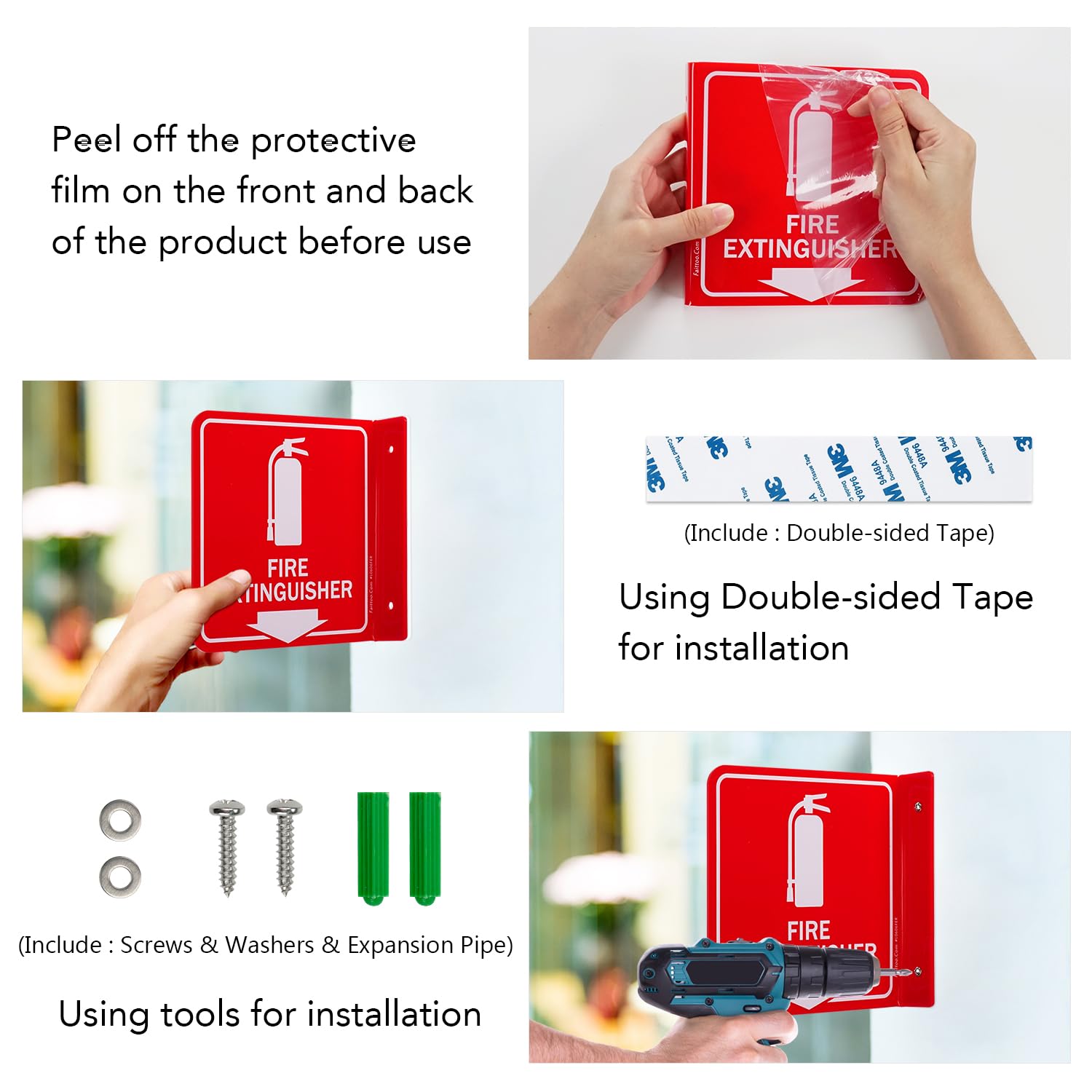 Faittoo Fire Extinguisher Sign, 2 Pack Fire Extinguisher with Down Arrow - 6 x 6 Inches Acrylic Plastic, 2 Pre-Drilled Holes, Includes Matching Screws, Use for Home Office/Business