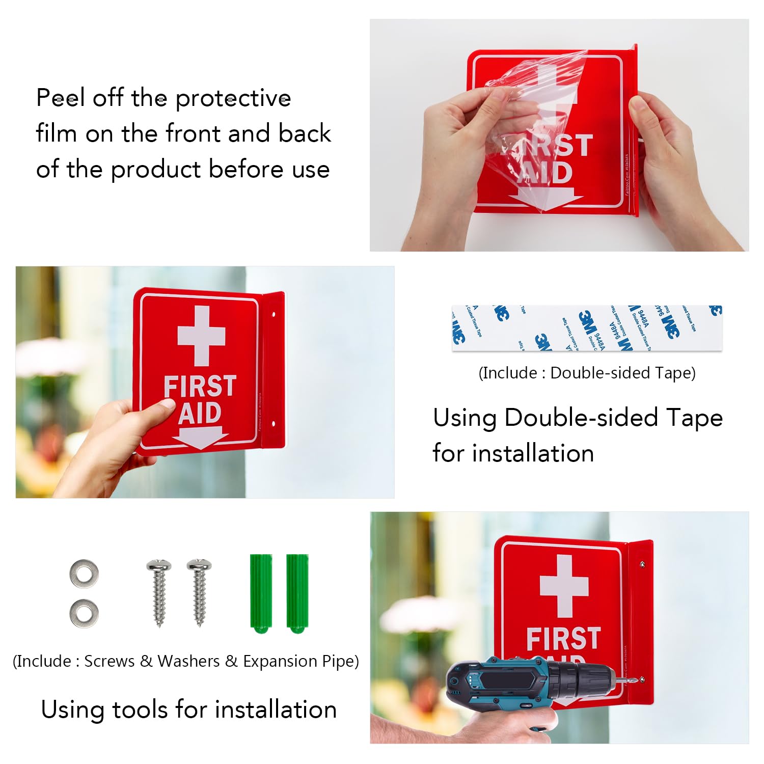 Faittoo First Aid Sign, 2 Pack First Aid with Cross Symbol - 6 x 6 Inches Acrylic Plastic, 2 Pre-Drilled Holes, Includes Matching Screws, Use for Home Office/Business