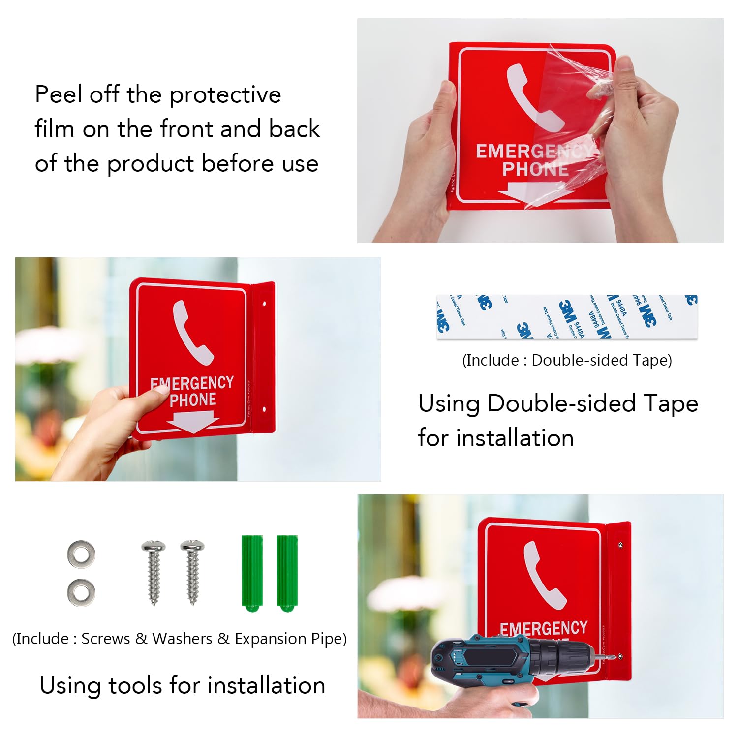 Faittoo Emergency Phone Sign, 2 Pack Emergency Phone with Down Arrow - 6 x 6 Inches Acrylic Plastic, 2 Pre-Drilled Holes, Includes Matching Screws, Use for Home Office/Business