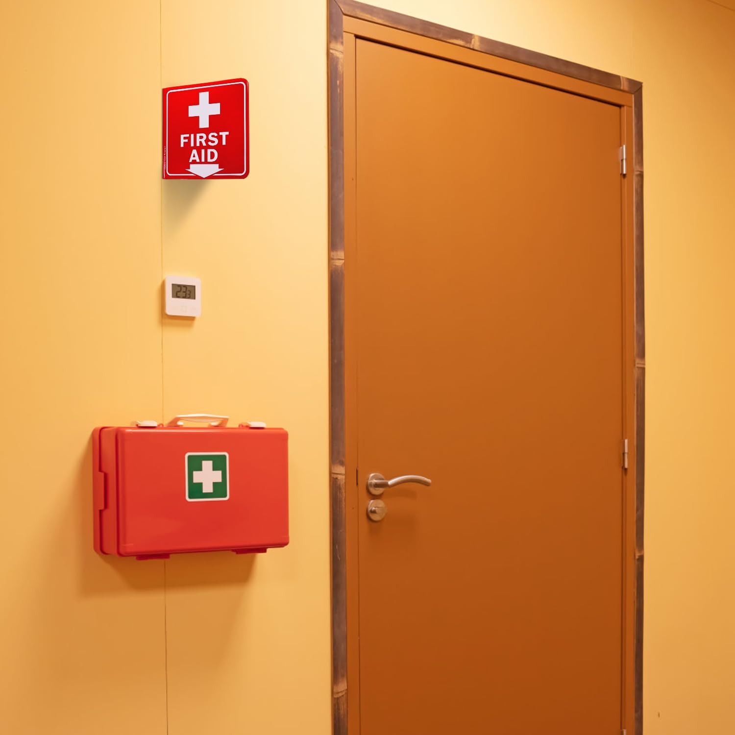 Faittoo First Aid Sign, 2 Pack First Aid with Cross Symbol - 6 x 6 Inches Acrylic Plastic, 2 Pre-Drilled Holes, Includes Matching Screws, Use for Home Office/Business