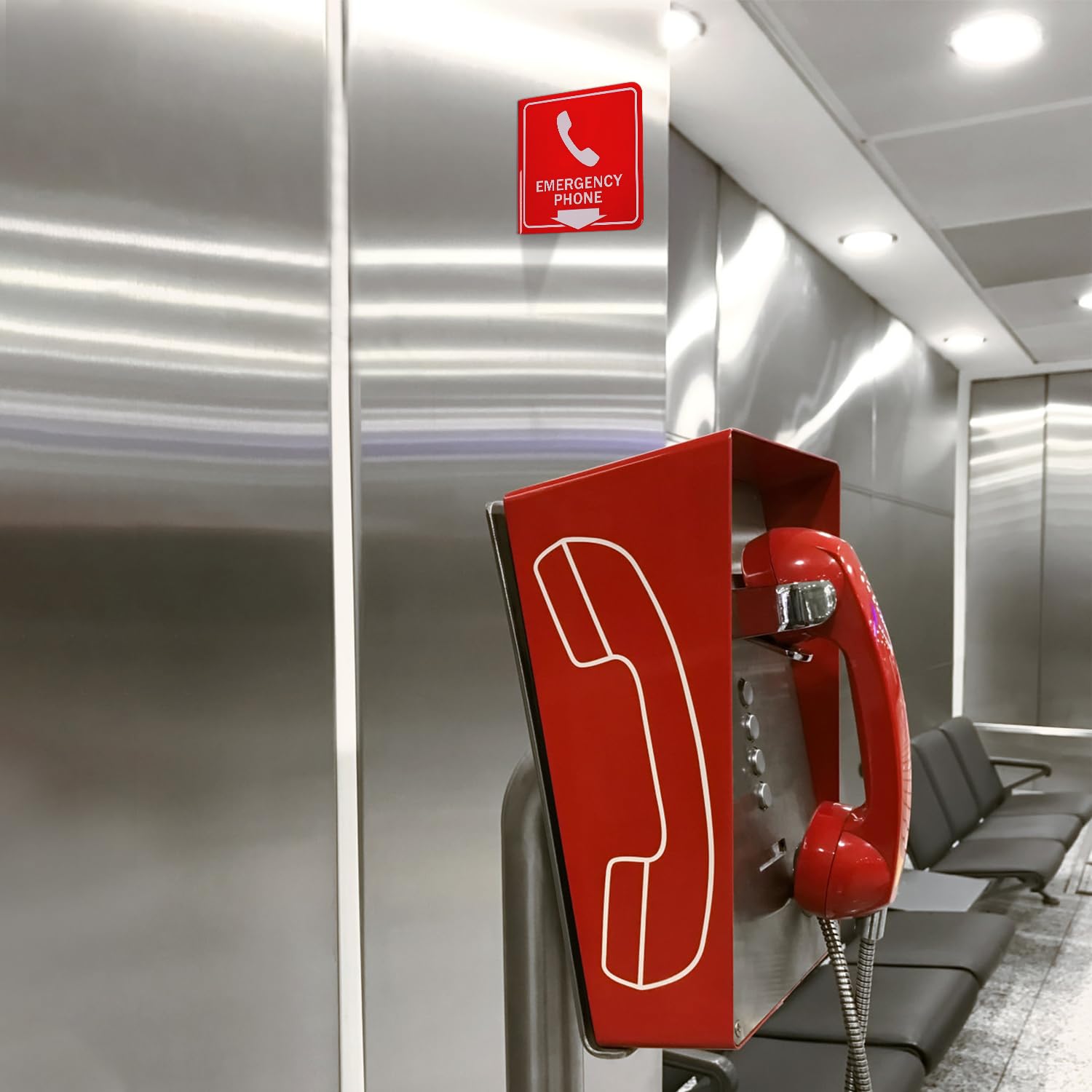 Faittoo Emergency Phone Sign, 2 Pack Emergency Phone with Down Arrow - 6 x 6 Inches Acrylic Plastic, 2 Pre-Drilled Holes, Includes Matching Screws, Use for Home Office/Business