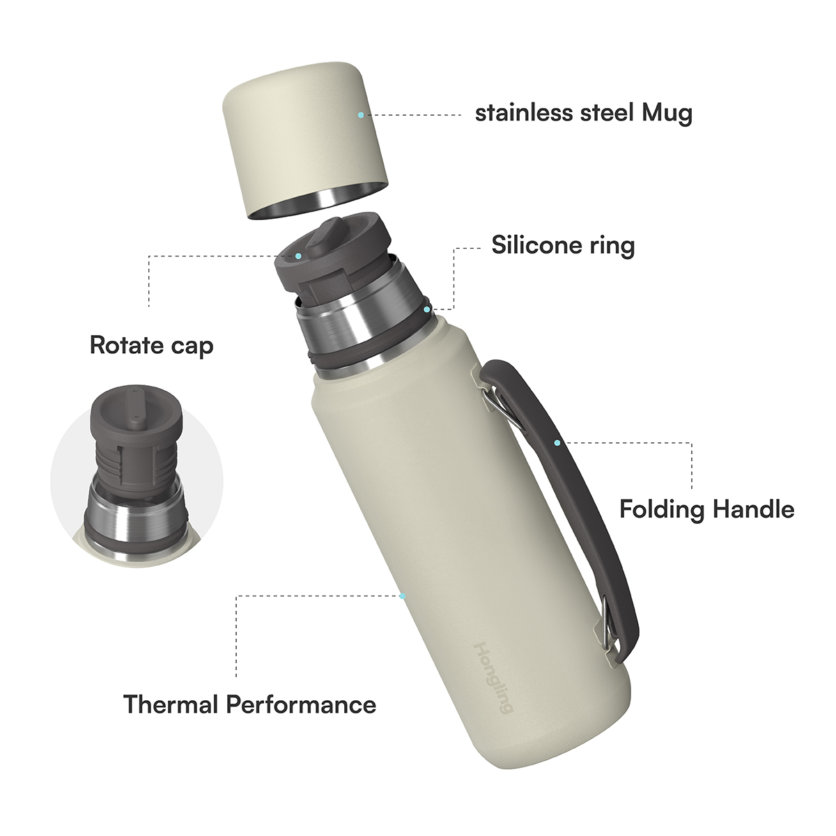 HonglingTravel water bottle OEM & ODM Available Insulated Shaved Water Bottle with Silicone Ring & Rotate Cap Durable Thermos Outdoor Adventure