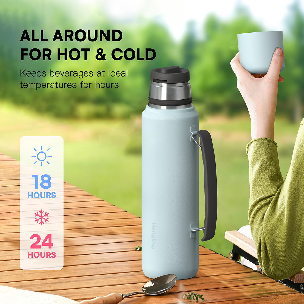 HonglingTravel water bottle OEM & ODM Available Insulated Shaved Water Bottle with Silicone Ring & Rotate Cap Durable Thermos Outdoor Adventure