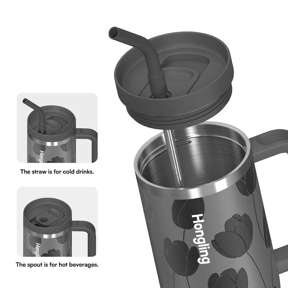 Hongling 40oz Tumbler Food Grade 316 Stainless Steel Handle Tumbler 1200ml 12H Hot 24H Cold Eco Friendly Insulated Travel Coffee Mug With Multi Lids
