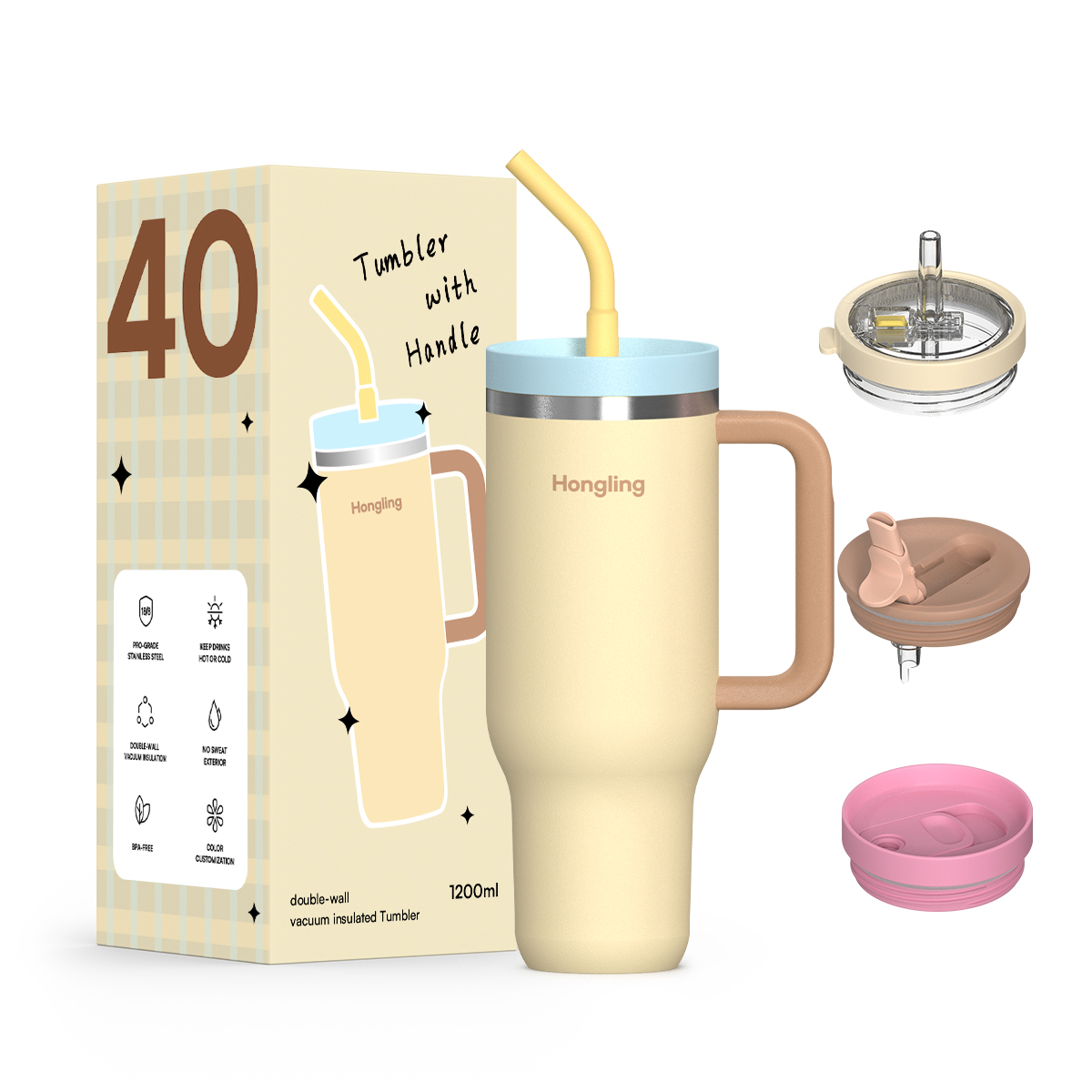Hongling 40oz Tumbler Food Grade 316 Stainless Steel Handle Tumbler 1200ml 12H Hot 24H Cold Eco Friendly Insulated Travel Coffee Mug With Multi Lids