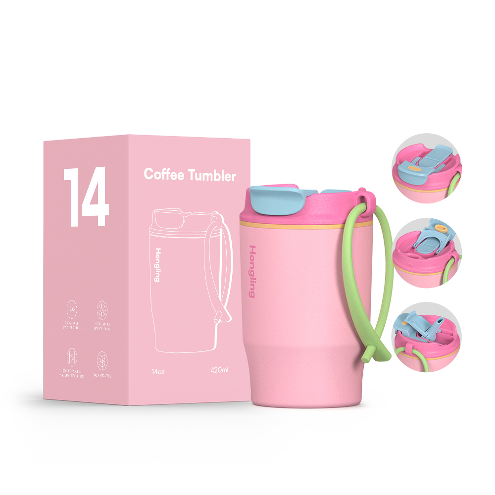Wholesale 14oz Stainless Steel Coffee Tumbler with Dual Drinking Lid & Lanyard, Insulated Travel Mug OEM/ODM