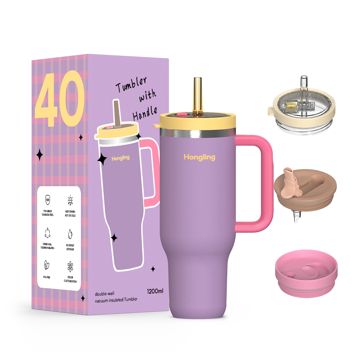 Hongling Tumbler OEM Custom Logo 1200ml Handle Insulated Tumbler Food Grade 304/316 Stainless Steel Eco Friendly Vacuum Travel Coffee Tumbler