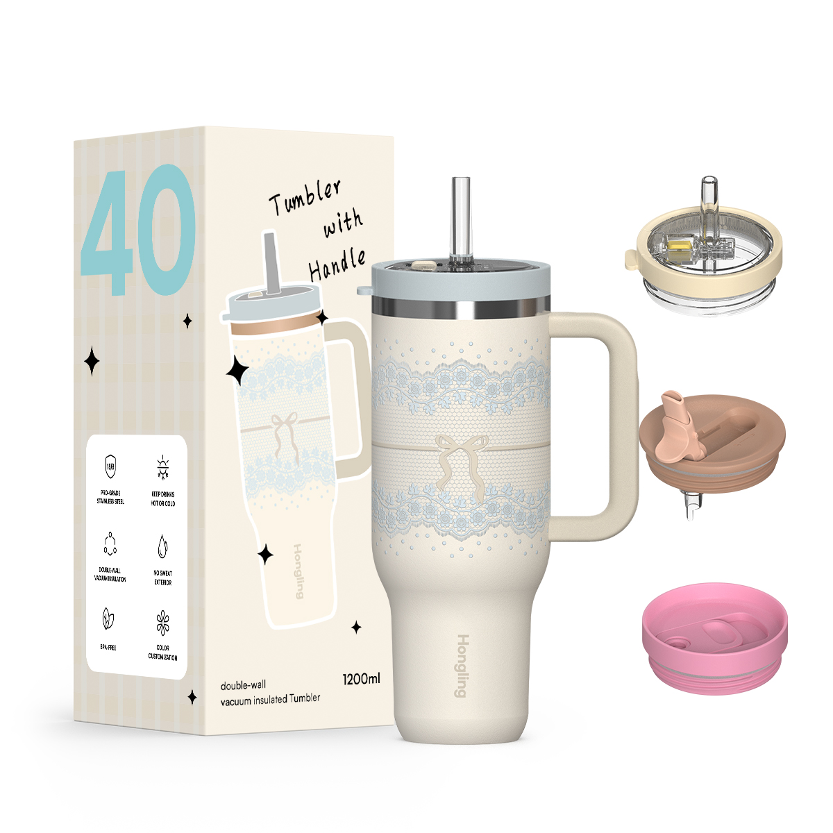 Hongling Tumbler OEM Custom Logo 1200ml Handle Insulated Tumbler Food Grade 304/316 Stainless Steel Eco Friendly Vacuum Travel Coffee Tumbler