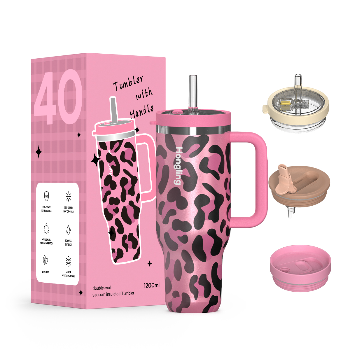 Hongling Tumbler OEM Custom Logo 1200ml Handle Insulated Tumbler Food Grade 304/316 Stainless Steel Eco Friendly Vacuum Travel Coffee Tumbler