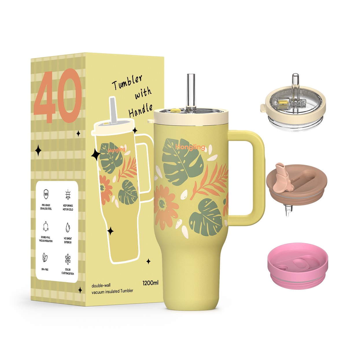Hongling Tumbler OEM Custom Logo 1200ml Handle Insulated Tumbler Food Grade 304/316 Stainless Steel Eco Friendly Vacuum Travel Coffee Tumbler