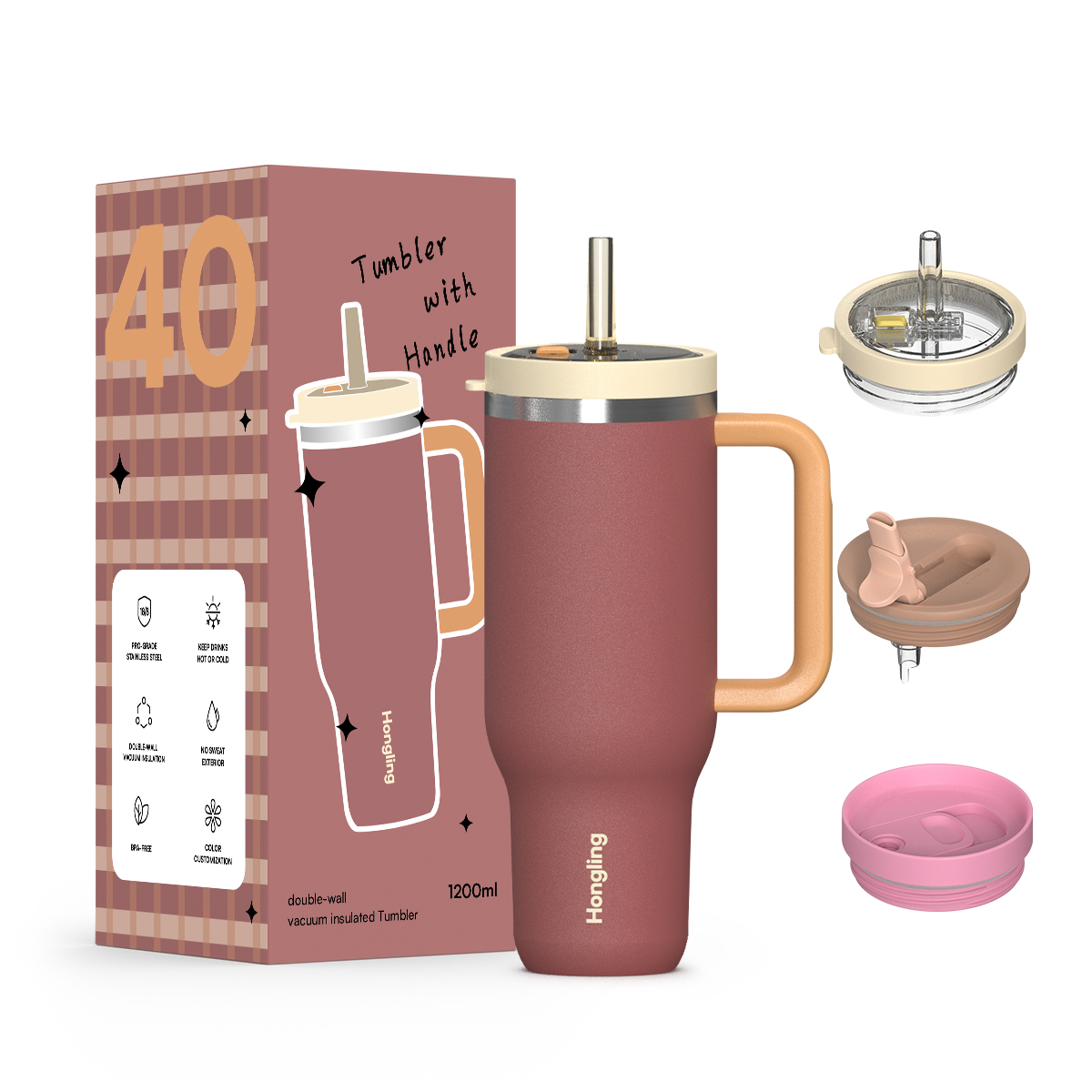 Hongling Tumbler OEM Custom Logo 1200ml Handle Insulated Tumbler Food Grade 304/316 Stainless Steel Eco Friendly Vacuum Travel Coffee Tumbler