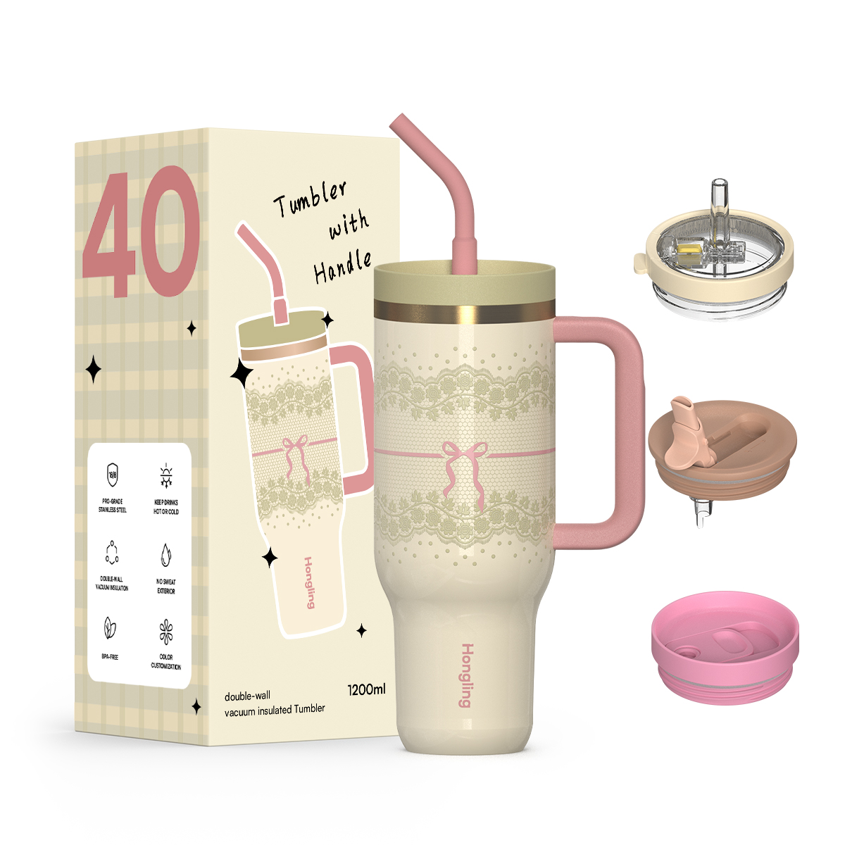 Hongling 40oz Tumbler Food Grade 316 Stainless Steel Handle Tumbler 1200ml 12H Hot 24H Cold Eco Friendly Insulated Travel Coffee Mug With Multi Lids