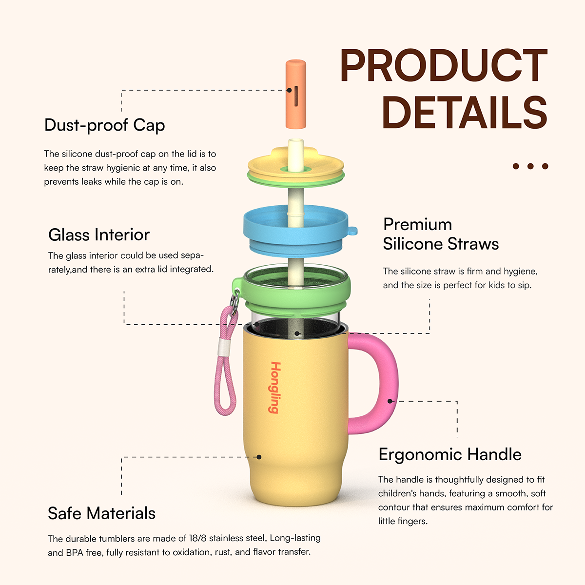 Hongling Eco Friendly Double Wall Glass Lined Stainless Steel Tumbler Portable Insulated Water Cup for Office Travel Commute