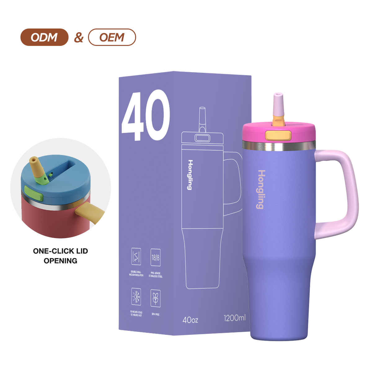  flip-open straw lid 32oz 40oz 50oz  Insulated Tumbler Stainless Steel Sports Water Bottle with Handle and Straw Lid 