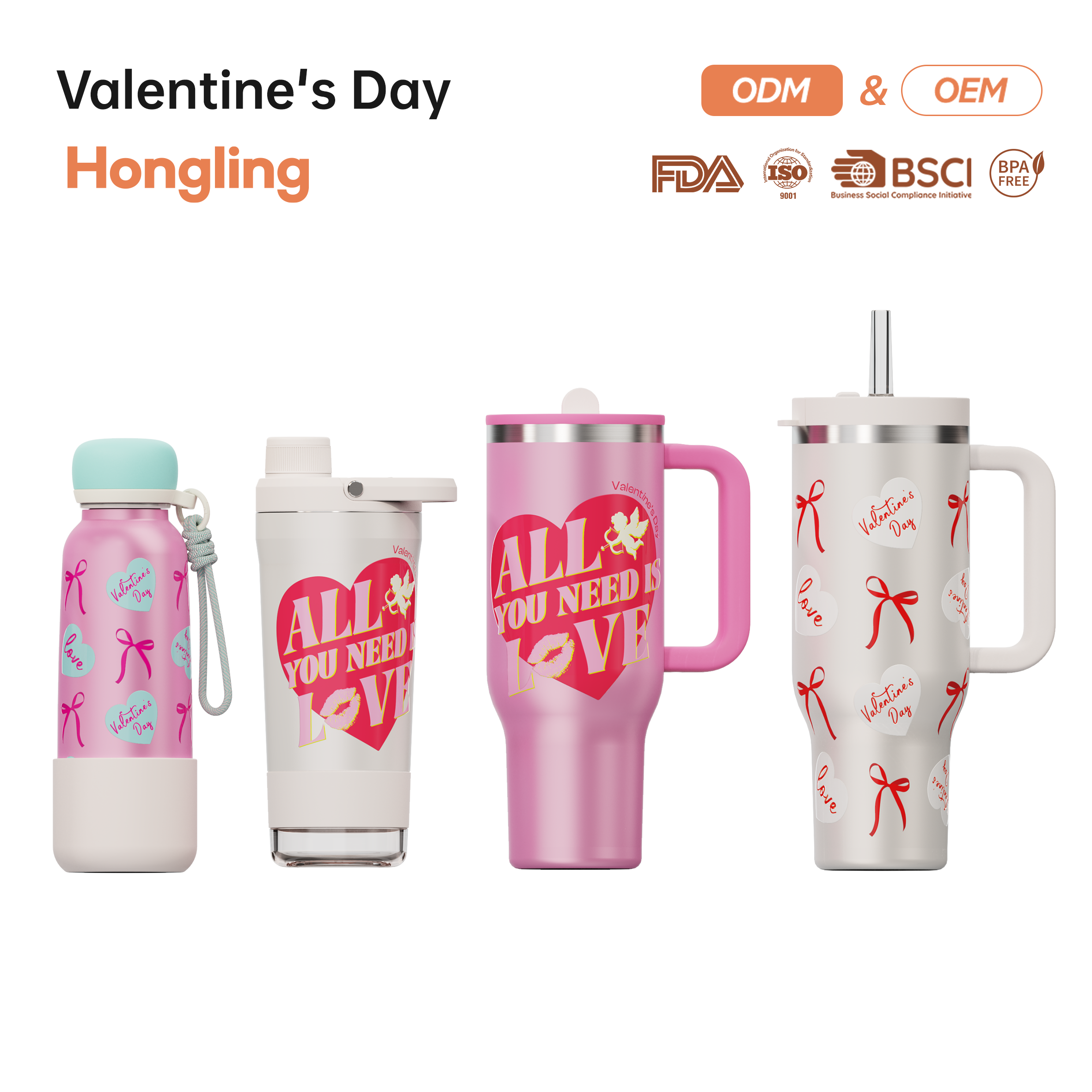 Valentine's Day Premium Insulated Water Bottle Food Grade 304 Stainless Steel Sports Water Bottles with Customized Logo Hong Ling Cup