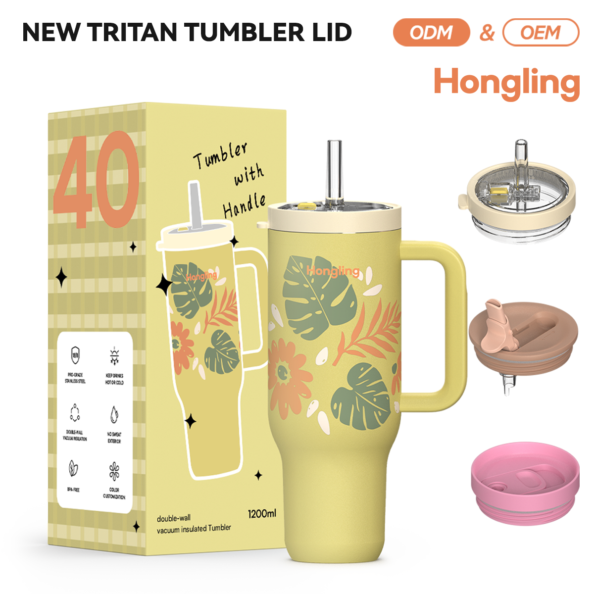 Hongling 40oz Tumbler Food Grade 316 Stainless Steel Handle Tumbler 1200ml 12H Hot 24H Cold Eco Friendly Insulated Travel Coffee Mug With Multi Lids