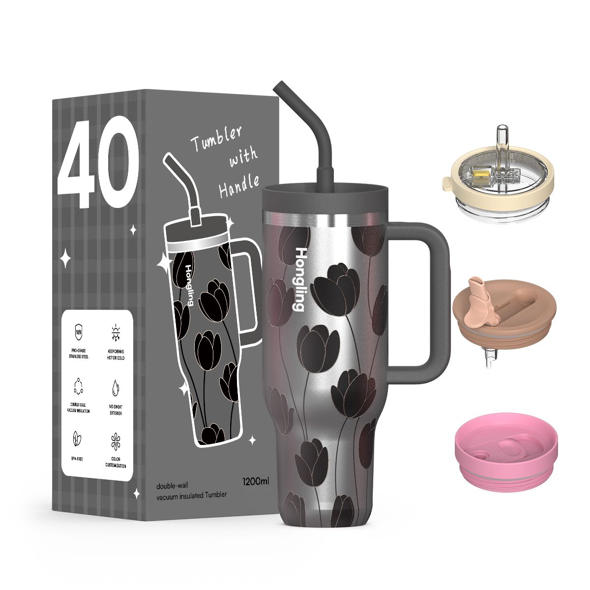 Hongling 40oz Tumbler Food Grade 316 Stainless Steel Handle Tumbler 1200ml 12H Hot 24H Cold Eco Friendly Insulated Travel Coffee Mug With Multi Lids