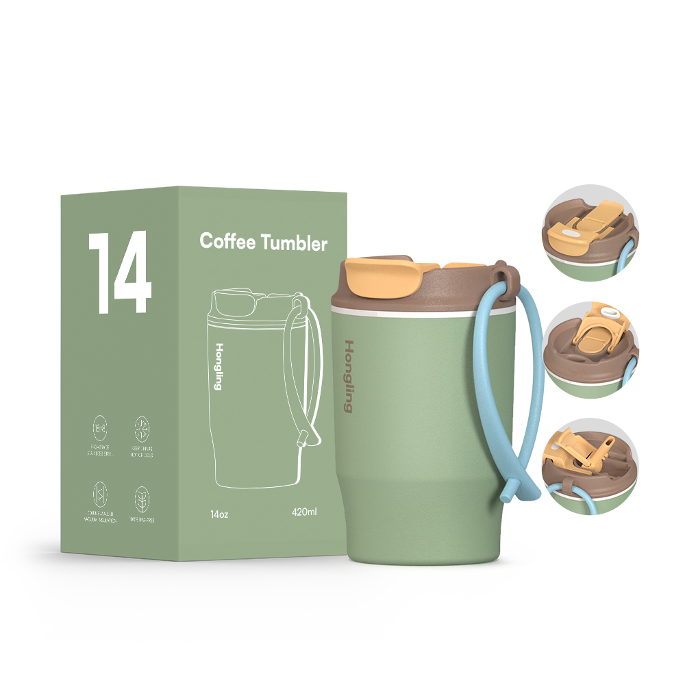 Wholesale 14oz Stainless Steel Coffee Tumbler with Dual Drinking Lid & Lanyard, Insulated Travel Mug OEM/ODM