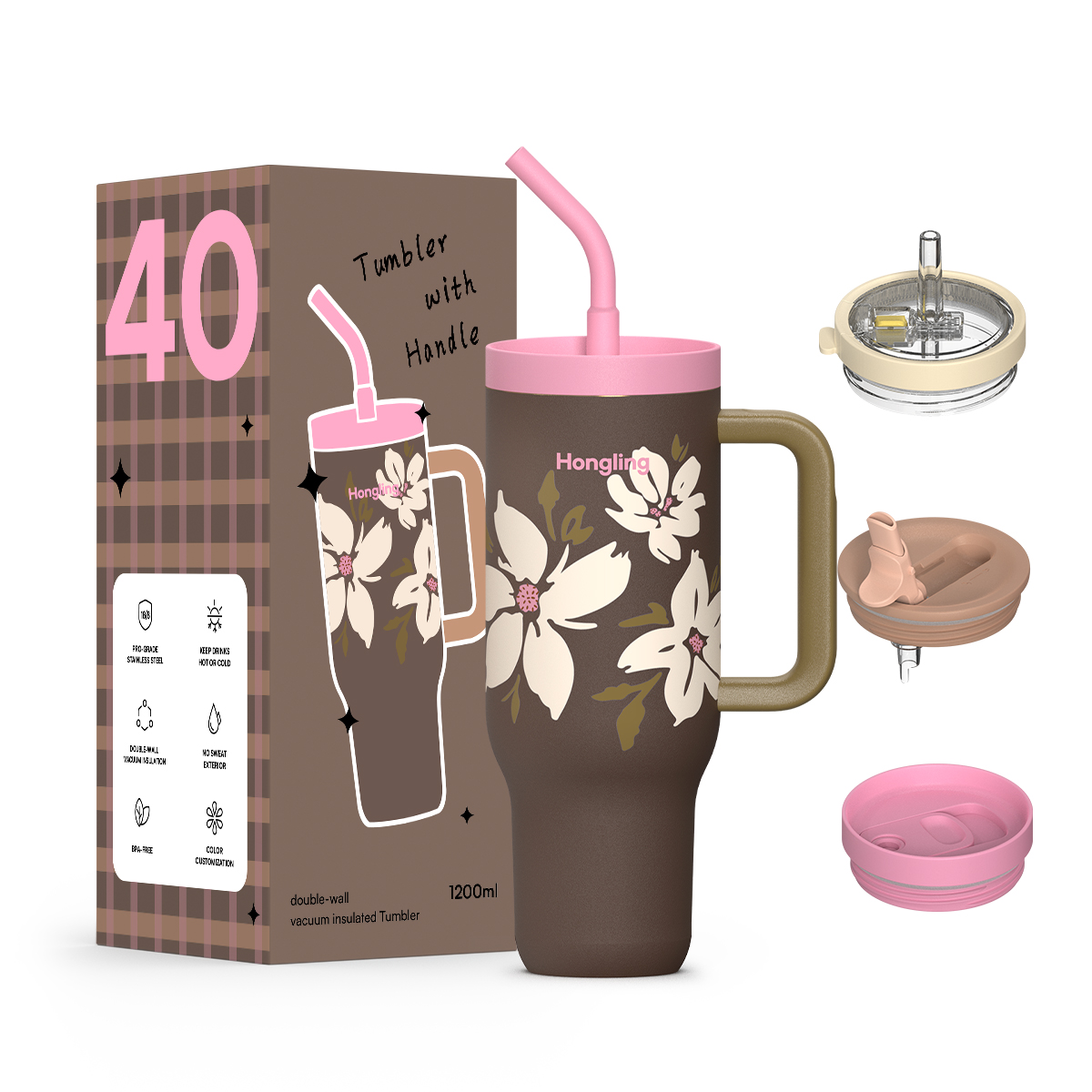 Hongling 40oz Tumbler Food Grade 316 Stainless Steel Handle Tumbler 1200ml 12H Hot 24H Cold Eco Friendly Insulated Travel Coffee Mug With Multi Lids