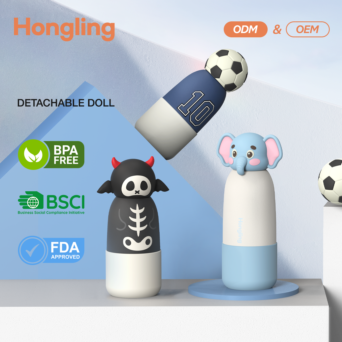 Hong Ling  Vacuum Insulated Stainless Steel Tumbler With silicone character head 2025 Trending Flask Mug Water Bottle BPA Free kids water bottle 