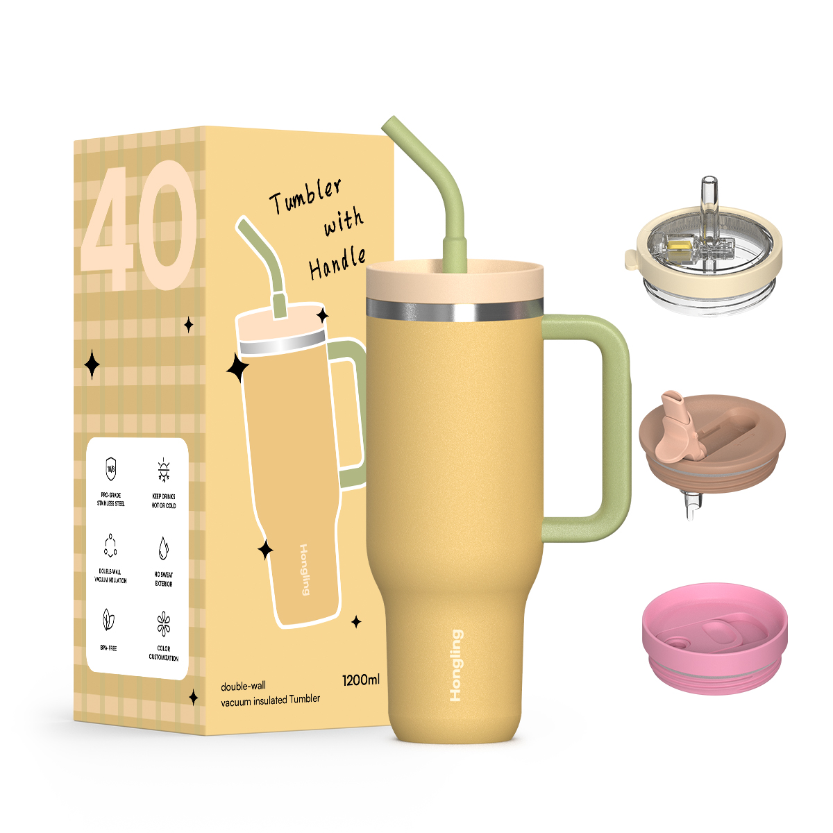 Hongling 40oz Tumbler Food Grade 316 Stainless Steel Handle Tumbler 1200ml 12H Hot 24H Cold Eco Friendly Insulated Travel Coffee Mug With Multi Lids