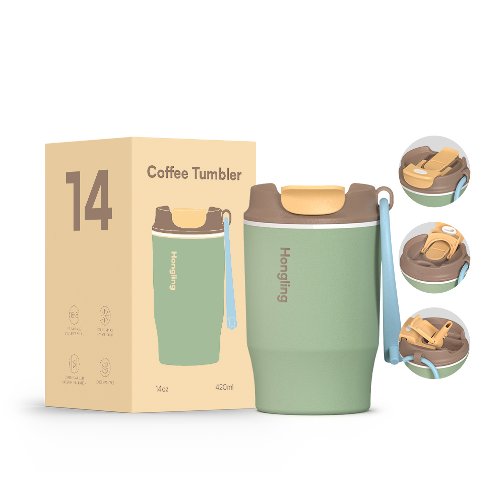Wholesale 14oz Stainless Steel Coffee Tumbler with Dual Drinking Lid & Lanyard, Insulated Travel Mug OEM/ODM