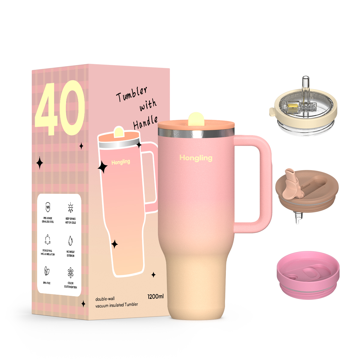 Hongling ODM Wholesale Customized Logo Eco-Friendly Durable Double Wall Vacuum Insulated Stainless Steel Tumbler With Handle