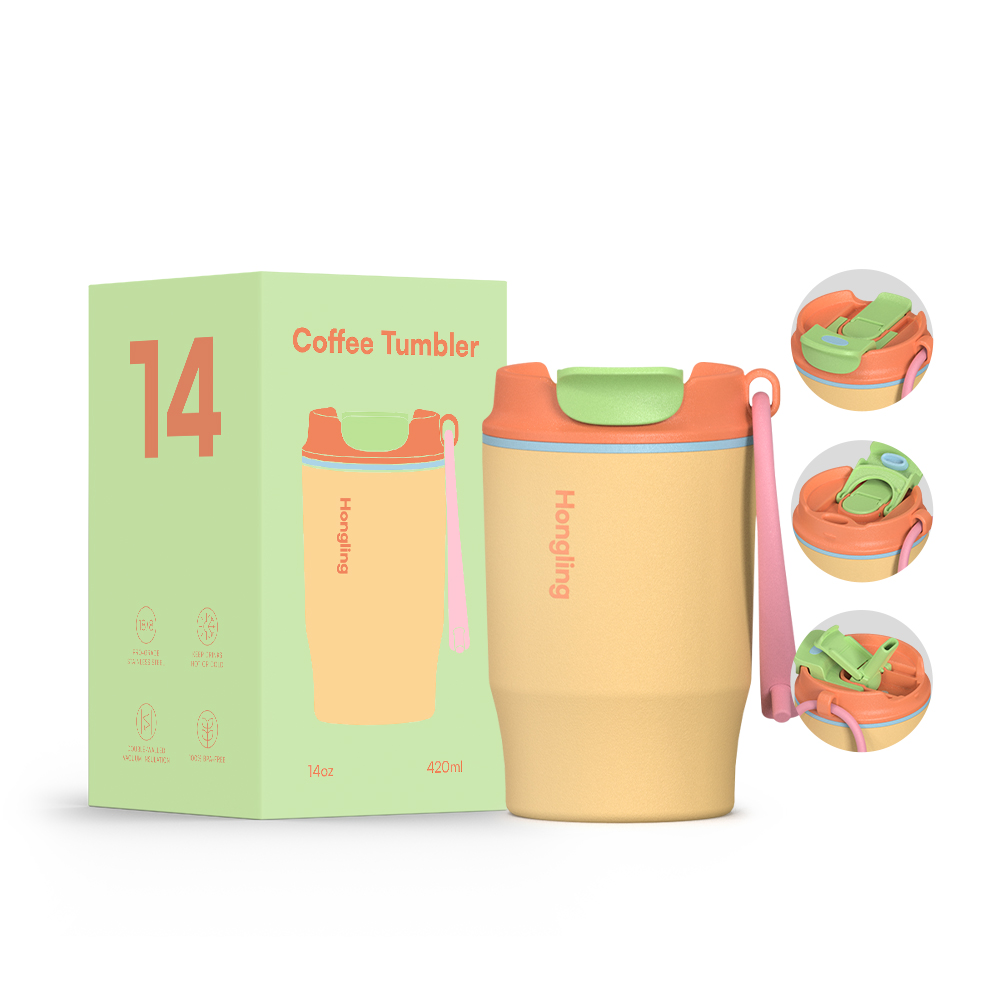 Wholesale 14oz Stainless Steel Coffee Tumbler with Dual Drinking Lid & Lanyard, Insulated Travel Mug OEM/ODM