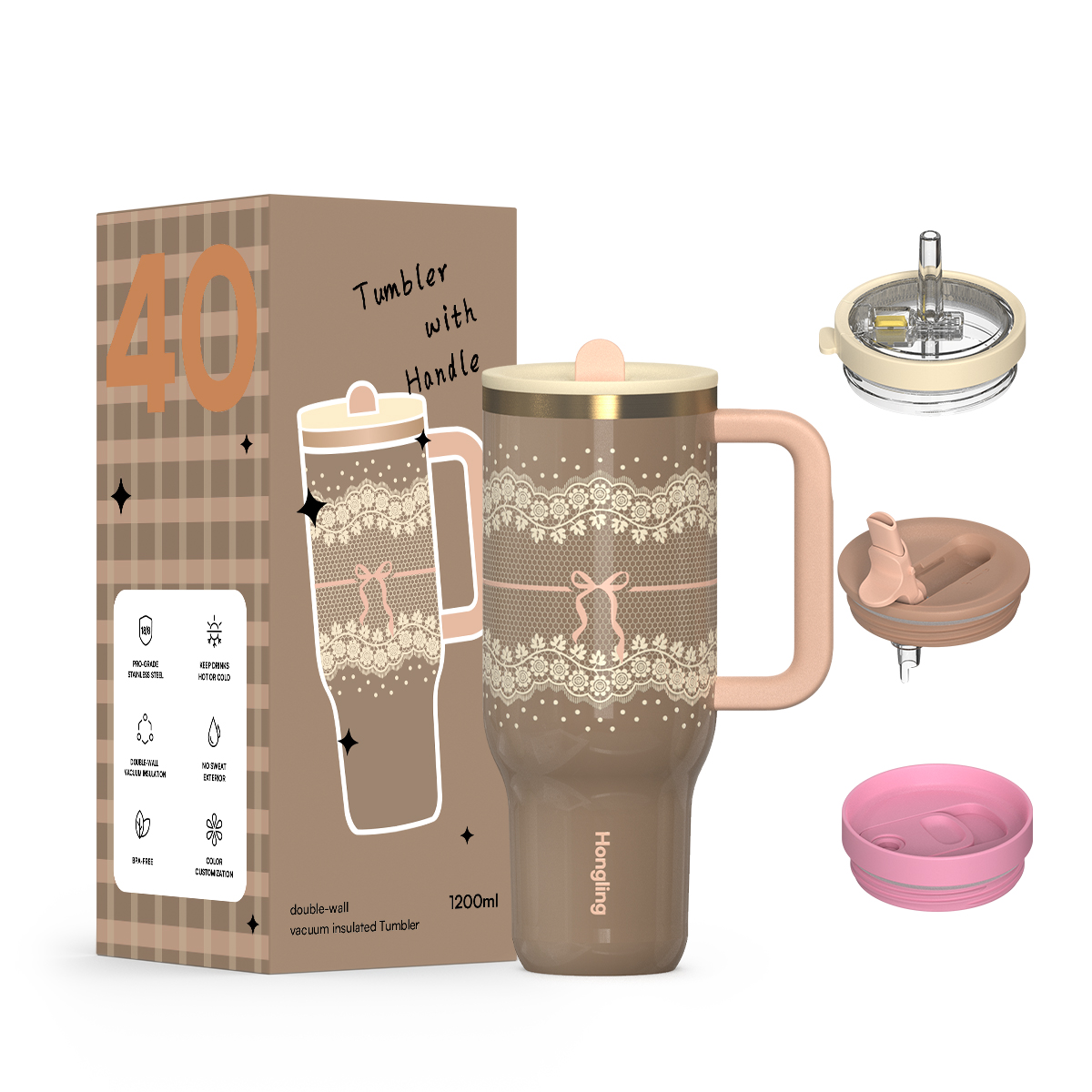 Hongling ODM Wholesale Customized Logo Eco-Friendly Durable Double Wall Vacuum Insulated Stainless Steel Tumbler With Handle