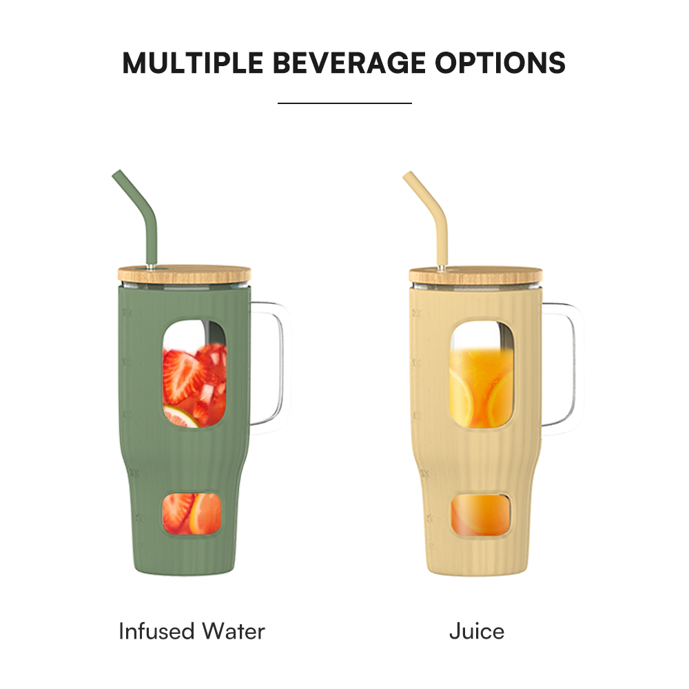 32oz/40oz/50oz Glass Tumbler with Lid and Straw,Glass Water Bottles with Handle,Glass Cup with Time Marker and Silicone Sleeve, Fits in Cup Holder BPA Free-Blue