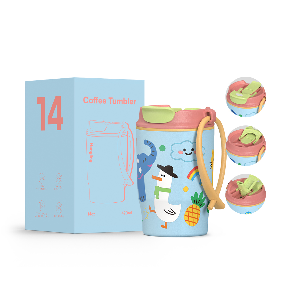 Wholesale 14oz Stainless Steel Coffee Tumbler with Dual Drinking Lid & Lanyard, Insulated Travel Mug OEM/ODM
