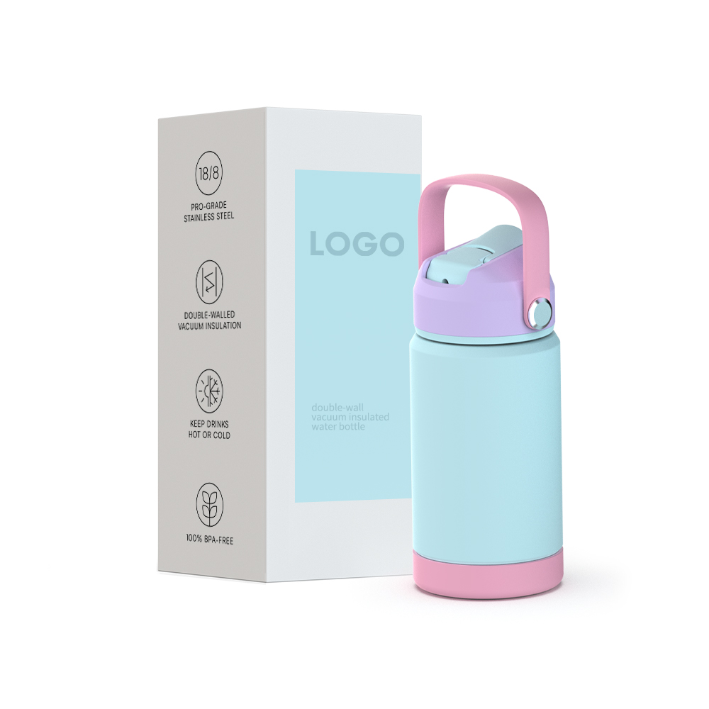 12oz kid water bottle with straw lids contrast color