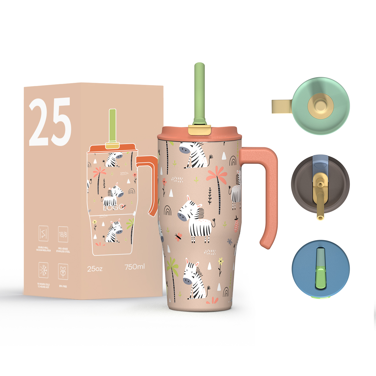 Whloesale water bottle Customized Logo and Color Tumbler with Ergonomic Handle Kids Tumbler 18oz 25oz with Silicone Straw Loop Lids Keep Hot and Cold