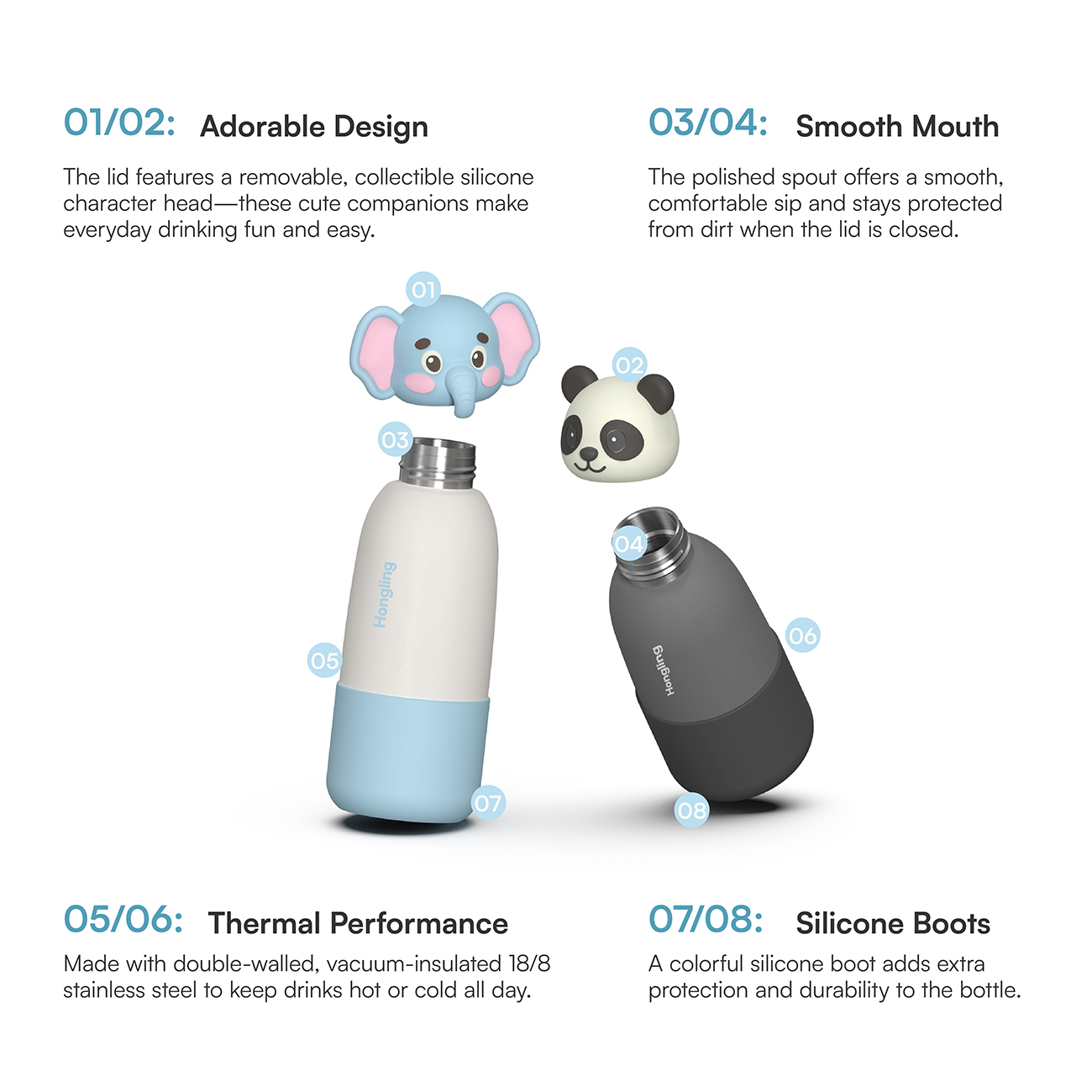 Hong Ling  Vacuum Insulated Stainless Steel Tumbler With silicone character head 2025 Trending Flask Mug Water Bottle BPA Free kids water bottle 