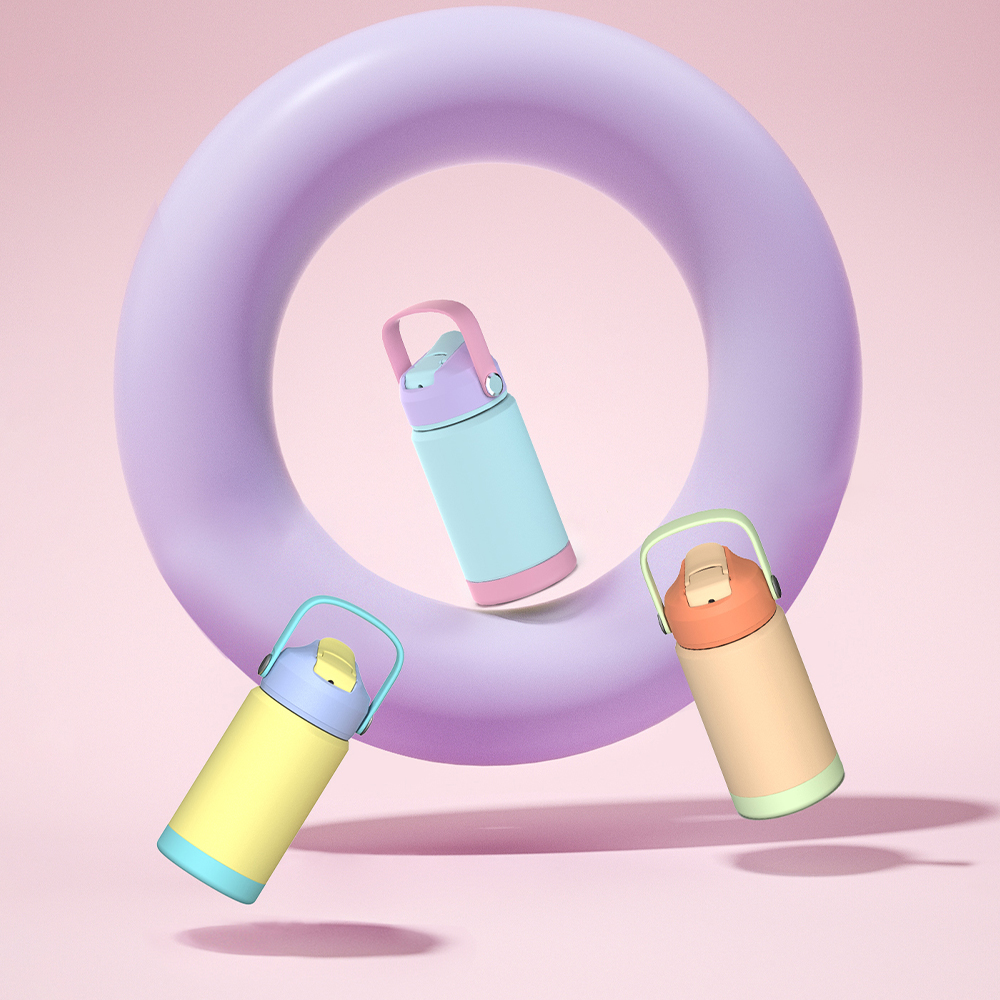 12oz kid water bottle with straw lids contrast color