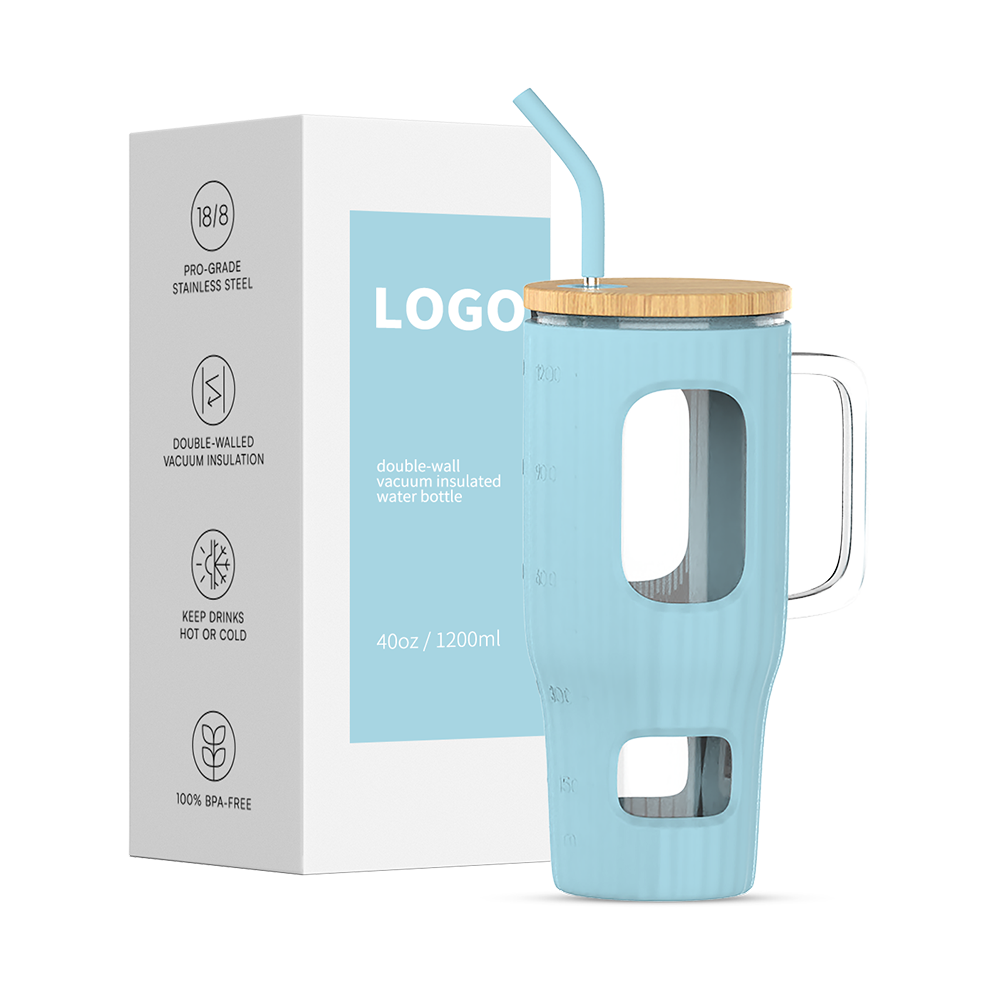 32oz/40oz/50oz Glass Tumbler with Lid and Straw,Glass Water Bottles with Handle,Glass Cup with Time Marker and Silicone Sleeve, Fits in Cup Holder BPA Free-Blue