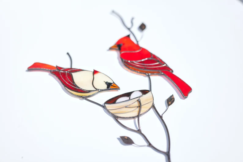 Stained glass red cardinal couple Table decor