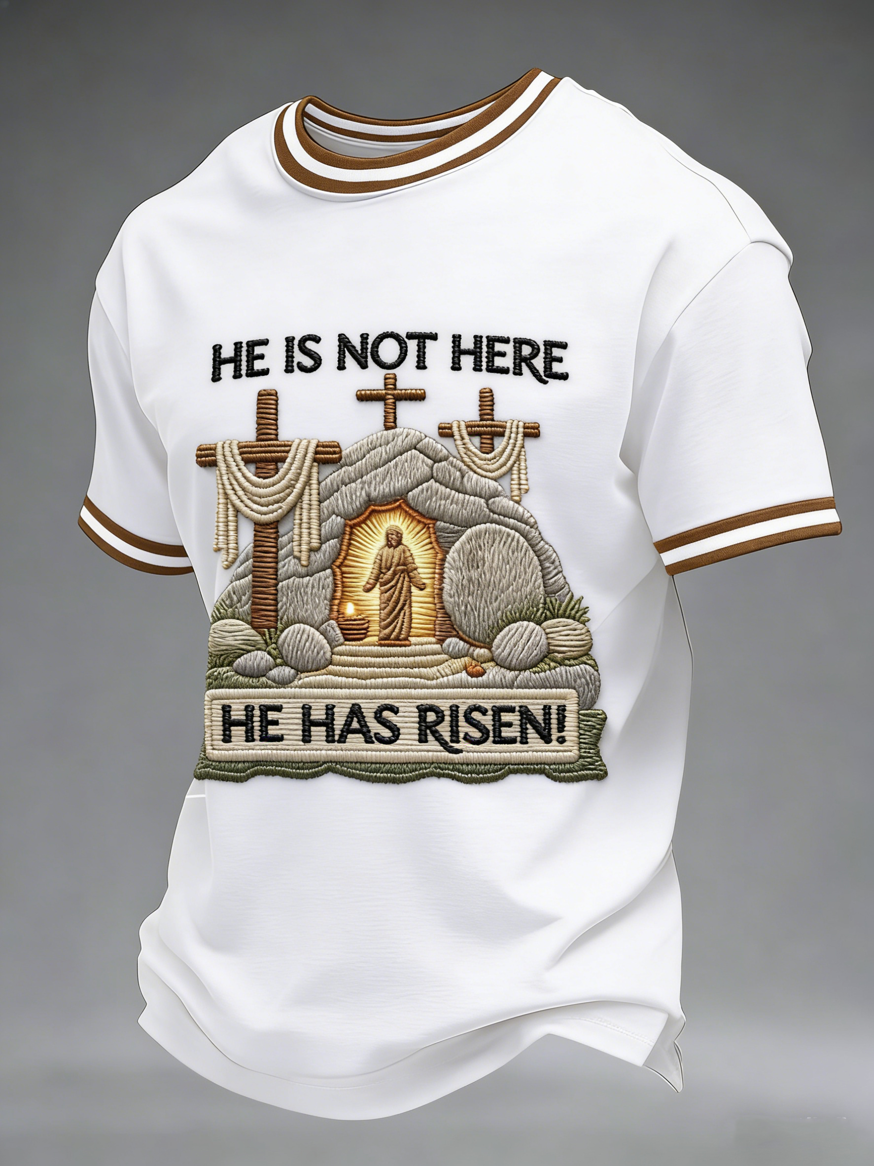 Men's He Is Not Here He Has Risen Easter Jesus Christian Cross Print Casual Tee