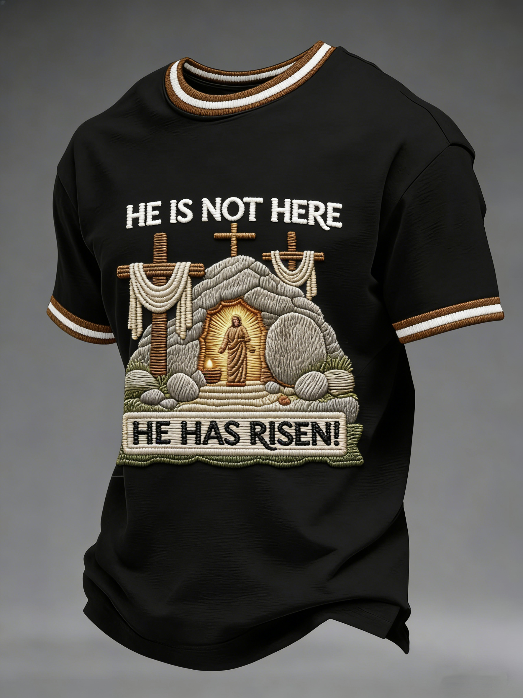 Men's He Is Not Here He Has Risen Easter Jesus Christian Cross Print Casual Tee