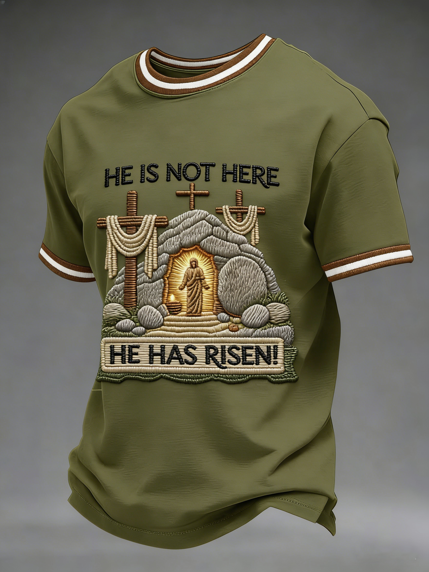 Men's He Is Not Here He Has Risen Easter Jesus Christian Cross Print Casual Tee